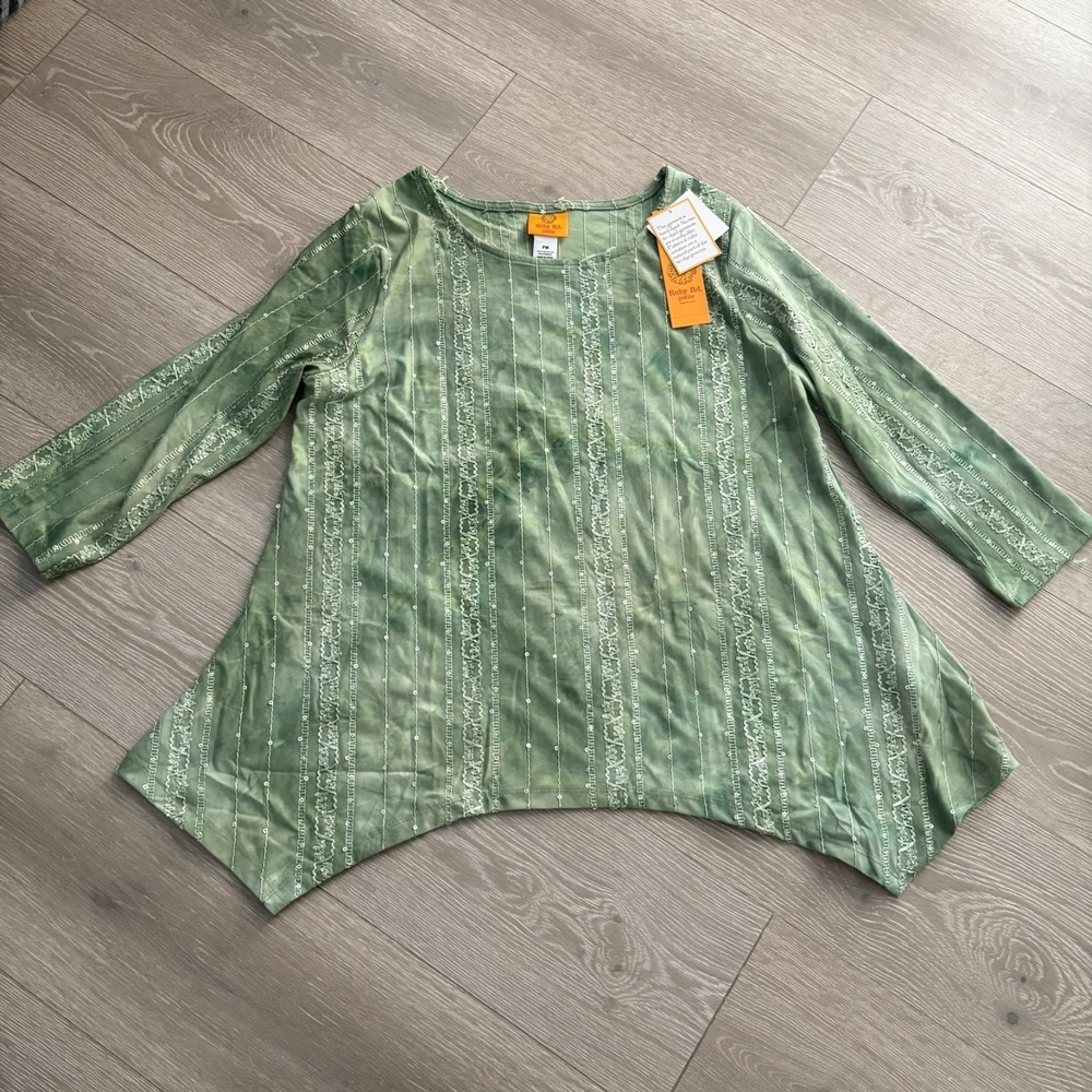 NWT Ruby Rd. Womens Green Embroidered Striped Sequins Tunic Blouse Top Size PM